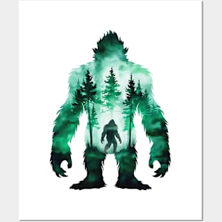 Bigfoot Sasquatch Yeti watercolor forest Silhouette Design Posters and Art